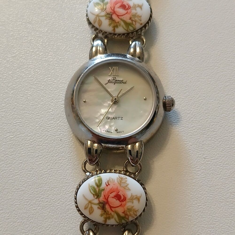 Vintage 90s Pierre Jacquard Floral Enamel Floral Link Watch MOP Dial Quartz 21mm
